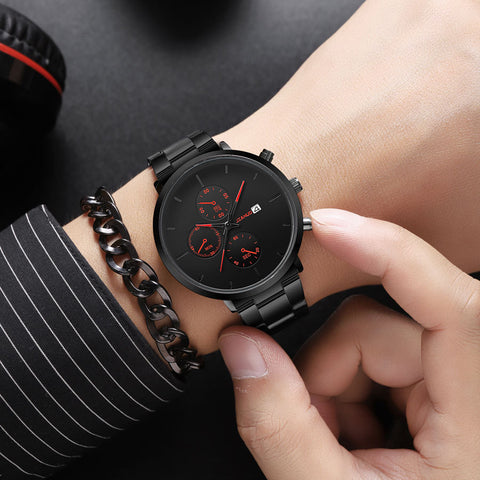 Simple Trend Three-eye Calendar Alloy Band Quartz Watch