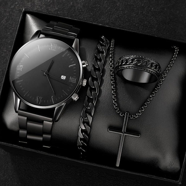 Men's Black Minimalist Quartz Watch Set