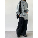 Retro Frog-Button Denim Shirt Unisex Stand-Up Collar Casual Jacket