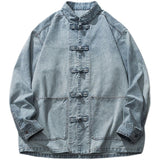 Retro Frog-Button Denim Shirt Unisex Stand-Up Collar Casual Jacket