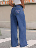 Bow-knot Embroidered Trendy Loose-fit Casual Jeans