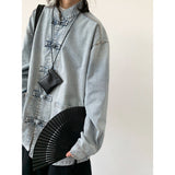 Retro Frog-Button Denim Shirt Unisex Stand-Up Collar Casual Jacket