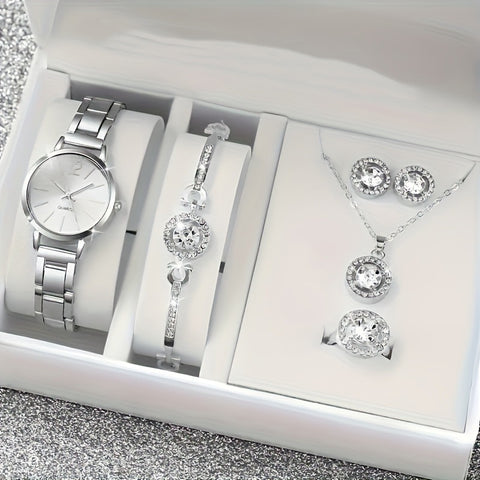 Small Silver Dial With Delicate Steel Strap, Five-piece Set For Women